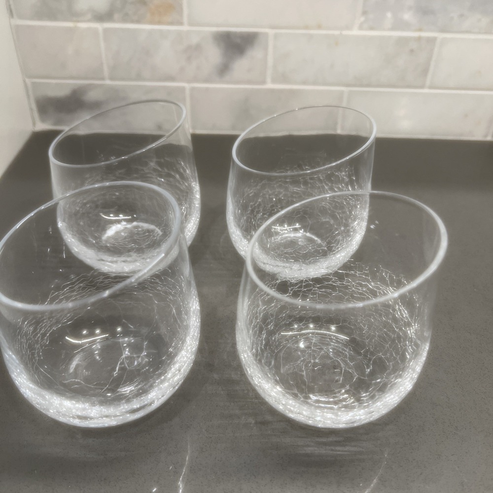 4 Pier 1 Crackle Glass Clear Slant Rim, Stemless Wine Water Glasses 4" Tall